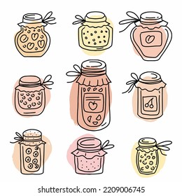 Vector set of glass jars with jam. Preservation of berries	