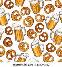 Vector set with glass mugs of beer and pretzels. October fest design.