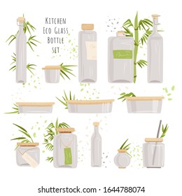 Vector Set of glass Rectangular Glass Containers - Food Storage Containers with Eco-Friendly Bamboo Lids, Plastic-free Bottles with Bamboo Tops, small Kitchen Canisters and Jars.