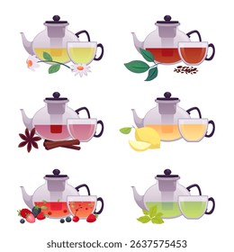 Vector set of glass teapots and cups with different teas, aromatherapy. Chamomile, cinnamon, lemon, berry, and mint teas. Hot health drink. Tea party. Flat style. Isolated background.