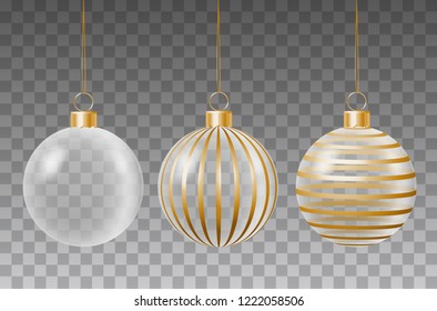 Vector set of glass transparent christmas decorative baubles with golden ribbon stripes hanging on string