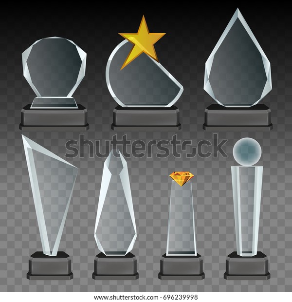 Vector set of glass transparent\
trophies and awards with dark stands. Realistic crystal and glass\
sports trophies, memorial and recognition\
gifts.