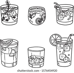 Vector set of glasses with alcoholic cocktails with lemon, citrus. Whiskey with ice. Flat cartoon style, hand drawn illustration isolated on white background. For print, menu, cafe, bar, restaurant.
