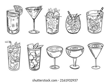 Vector set glasses cocktails set. Hand drawn black color sketch vector illustration. Isolated on white background.