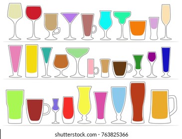 Vector set of glasses, different shapes with colored contents inside, isolated on white background. Tableware for drinks.