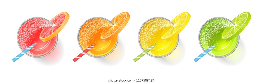 Vector Set. Glasses With Fresh Citrus Juice. Top View. Drink, Cocktail, Alcohol In The Glass. View From Above.