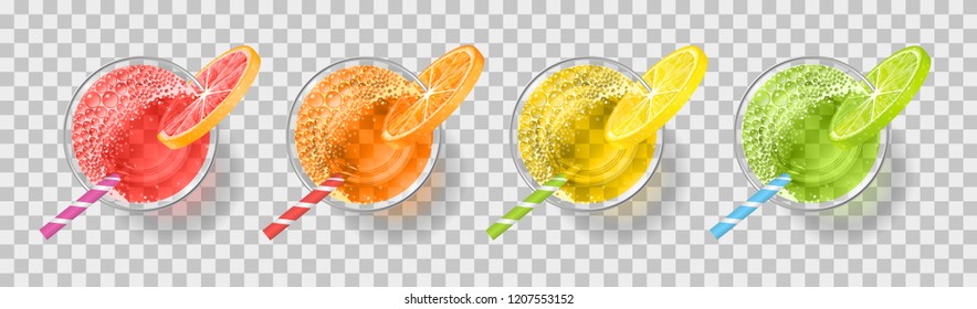 Vector Set. Glasses With Fresh Citrus Juice On A Transparent Background. Top View. Drink, Cocktail, Alcohol In The Glass. View From Above.