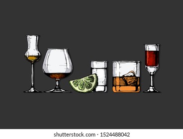 Vector set of glasses goblets in ink hand drawn style. Сolor illustration isolated on black.