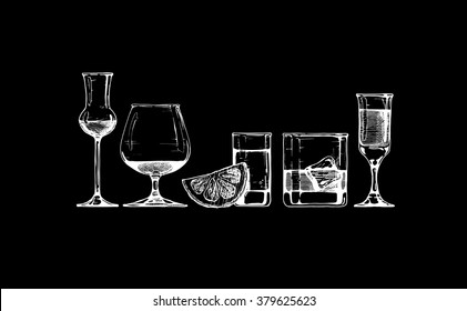 Vector set of glasses goblets in ink hand drawn style. isolated on black.