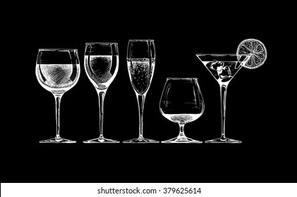 Vector set of glasses goblets on black background.