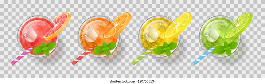 Vector set. Glasses with juice on a transparent background. Glasses with fresh citrus juice, ice, mint, a slice of citrus. Top view. Drink, cocktail, alcohol in the glass. View from above.