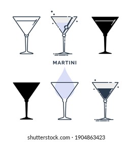 Vector set of glasses with martini in different styles. Template alcohol beverage for restaurant, bar, pub. Glassware symbol party. Collection one drink. Isolated flat illustration on white backdrop.
