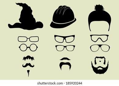 vector set of glasses, mustache and hats