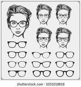 Vector set of glasses silhouette and beautiful womens in glasses.