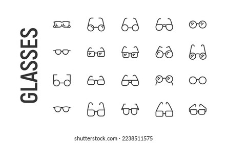 Vector set of glasses thin line icons. Design of 20 stroke pictograms. Signs of glasses isolated on a white background.