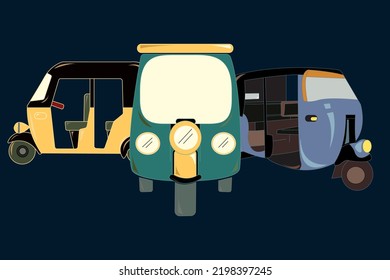 Vector set of glaucous, myrtle green, maximum yellow red and black color autorickshaw on oxford blue background. textile design, cartoon style vector, wallpaper.