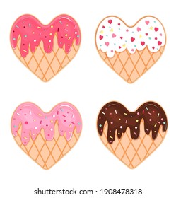 Vector set of glazed and sprinkles cookies  for Valentines Day. Top view. Valentine Cookies. Isolated on white background