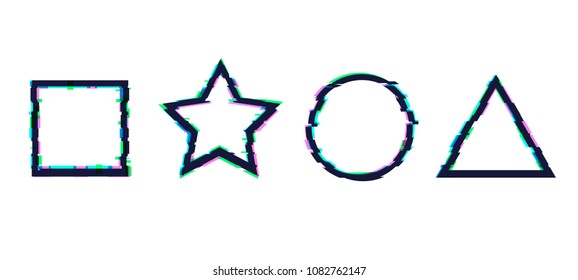 Vector Set of Glitch Geometric Shapes: Square, Circle, Star and Triangle, Freeze Screen.