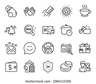 Vector set of Global business, Bio shopping and Alarm sound line icons set. Coffee cup, Smile chat and Smartphone holding icons. Credit card, Flash memory and Winner star signs. Vector
