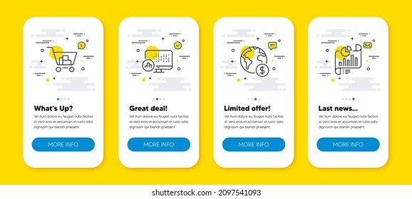 Vector set of Global business, Report statistics and Internet shopping line icons set. UI phone app screens with line icons. Report document icon. Vector