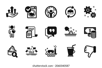 Vector set of Global business, Work and Scuba diving icons simple set. Ole chant, Human resources and Dislike hand icons. Skin moisture, Documents and Moisturizing cream signs. Vector