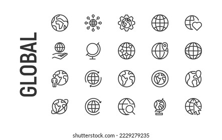 Vector set of global thin line icons. Design of 20 stroke pictograms. Signs of global isolated on a white background.