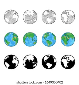 Vector Set of Globe Illustrations. Different Style Earth Planet Symbol.