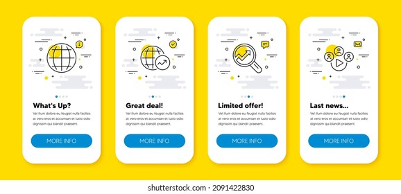 Vector set of Globe, World statistics and Analytics line icons set. UI phone app screens with line icons. Video conference icon. Internet world, Global report, Audit analysis. Remote business. Vector