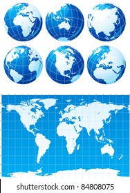 Vector set of globes and world map