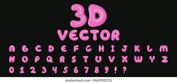 Vector set of glossy 3D bubble fonts in Y2K style. Realistic shiny plastic pink English alphabet letters and numbers.