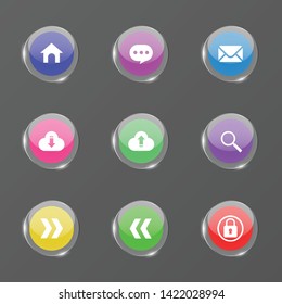 Vector set of glossy buttons icon -home,search,upload,download,login,help,e-mail,next,prev.