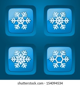 Vector set of glossy buttons with snowflakes on dark background.