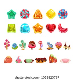 Vector set with glossy caramel candies of various shapes, sweet trees and landscape elements. Colorful items for gaming interface. Graphic design for mobile game