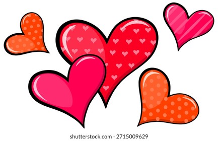 Vector set of glossy cartoon heart shapes with black outlines, patterns, and highlight reflections. Design elements for Valentine’s Day cards, stickers, invitations, love themed decorations.