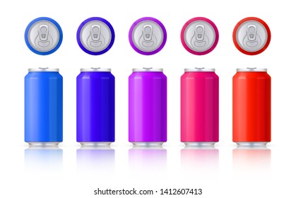 Vector set of glossy colored aluminum cans. Template on a white background with reflection. Vector.