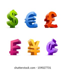Vector set of glossy colorful currency symbols