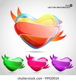 Vector set of glossy colorful  heart shapes in green, pink and purple colors. EPS 10, can be use as tag, icon, button or stickers.