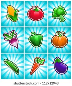 Vector set of glossy colorful vegetable icons on blue burst background.