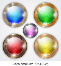 Vector set of glossy glass colorful round buttons with gold metallic frame