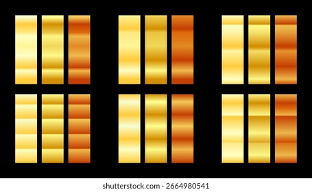 Vector set of glossy gold gradients. A collection of smooth and shiny metallic color palettes for modern graphic design.