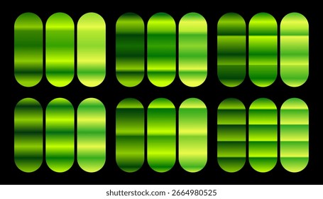Vector set of glossy green gradients. A collection of smooth and shiny metallic color palettes for modern graphic design.