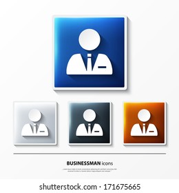Vector set of glossy icons on button with businessman.