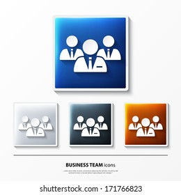 Vector set of glossy icons on button with business team.