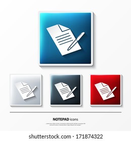 Vector set of glossy icons on button with notepad.
