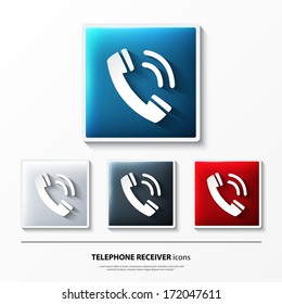 Vector set of glossy icons on button with telephone receiver.