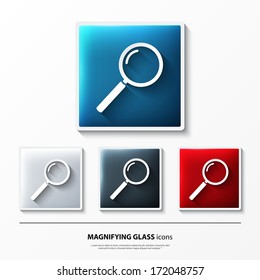 Vector set of glossy icons on button with magnifying glass.