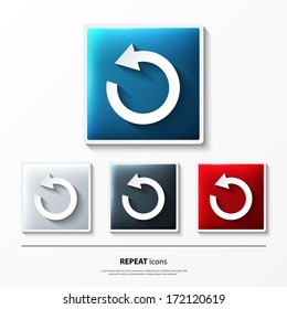 Vector set of glossy icons on button with repeat symbol.