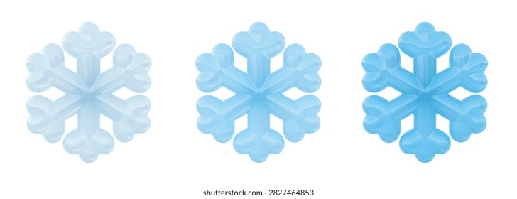 Vector Set of glossy jelly-like 3d snowflakes in white and blue with soft rounded shapes, smooth shiny surfaces. Modern soft shading, cartoon plastic look for winter-themed designs. Isolated render.