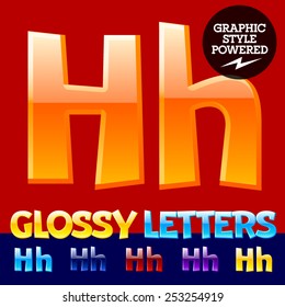 Vector set of glossy modern alphabet in different colors. Letter H. Also includes graphic styles