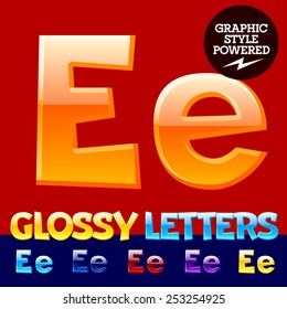 Vector set of glossy modern alphabet in different colors. Letter E. Also includes graphic styles